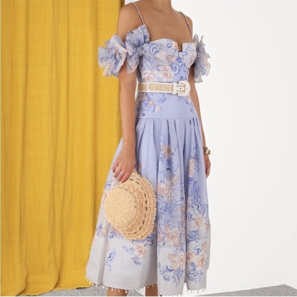 Zimmermann Postcard Bow Bodice Dress Swirl Lavender Floral Midi Dress Size 1